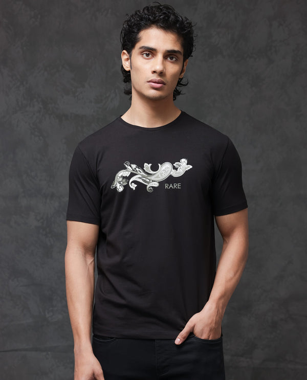 Rare Rabbit Men's Friter Black Cotton Fabric Half Sleeves Paisley Print T-Shirt