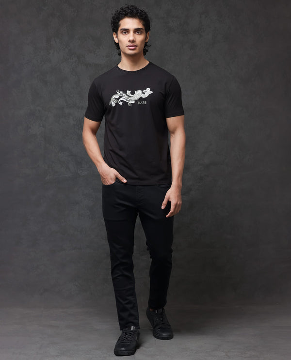 Rare Rabbit Men's Friter Black Cotton Fabric Half Sleeves Paisley Print T-Shirt