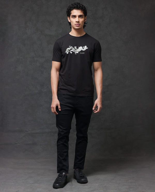 Rare Rabbit Men's Friter Black Cotton Fabric Half Sleeves Paisley Print T-Shirt