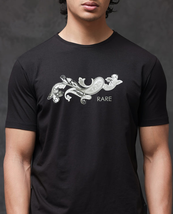 Rare Rabbit Men's Friter Black Cotton Fabric Half Sleeves Paisley Print T-Shirt