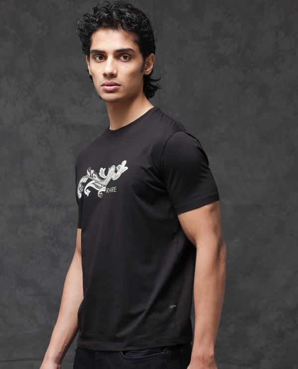 Rare Rabbit Men's Friter Black Cotton Fabric Half Sleeves Paisley Print T-Shirt