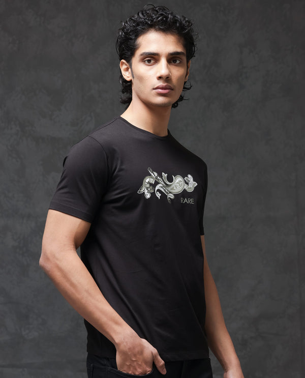 Rare Rabbit Men's Friter Black Cotton Fabric Half Sleeves Paisley Print T-Shirt