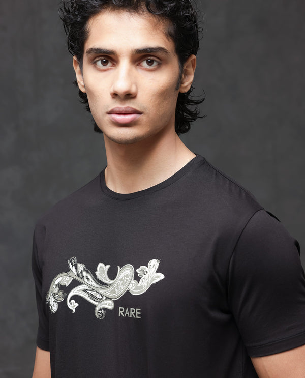 Rare Rabbit Men's Friter Black Cotton Fabric Half Sleeves Paisley Print T-Shirt