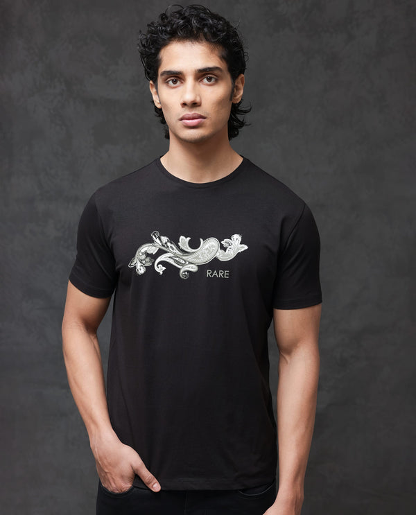 Rare Rabbit Men's Friter Black Cotton Fabric Half Sleeves Paisley Print T-Shirt