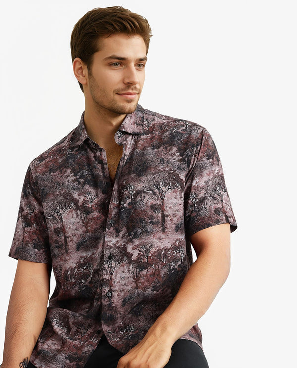 Rare Rabbit Men Froe Light Brown Viscose Fabric Short Sleeve Boxy Fit Tropical Print Shirt