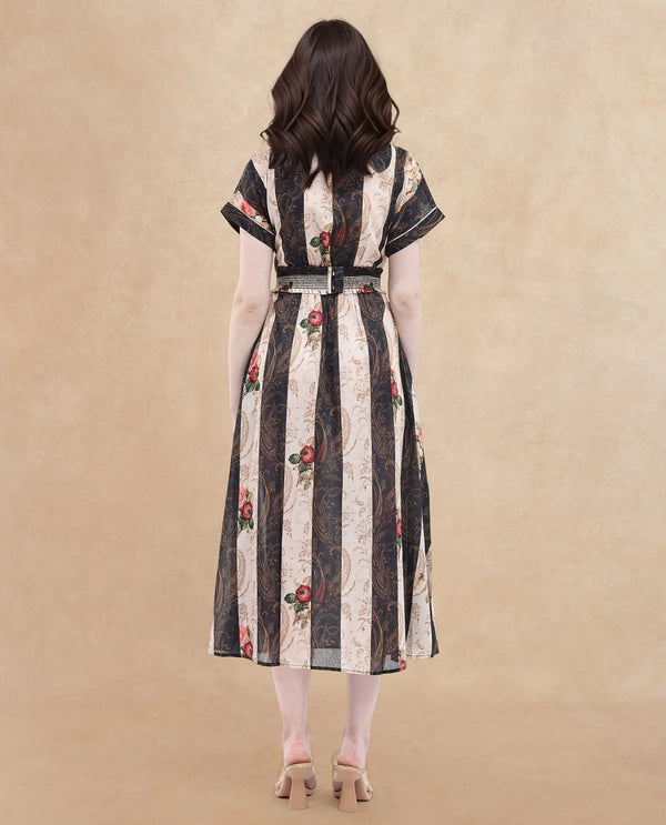 Rareism Women Frost Olive Cotton Fabric Short Sleeve Collared Neck Floral Print Longline Dress