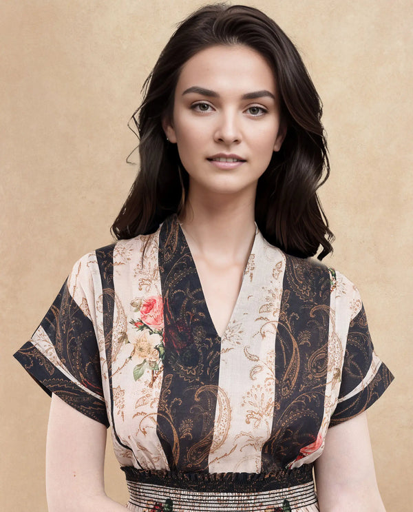 Rareism Women Frost Olive Cotton Fabric Short Sleeve Collared Neck Floral Print Longline Dress