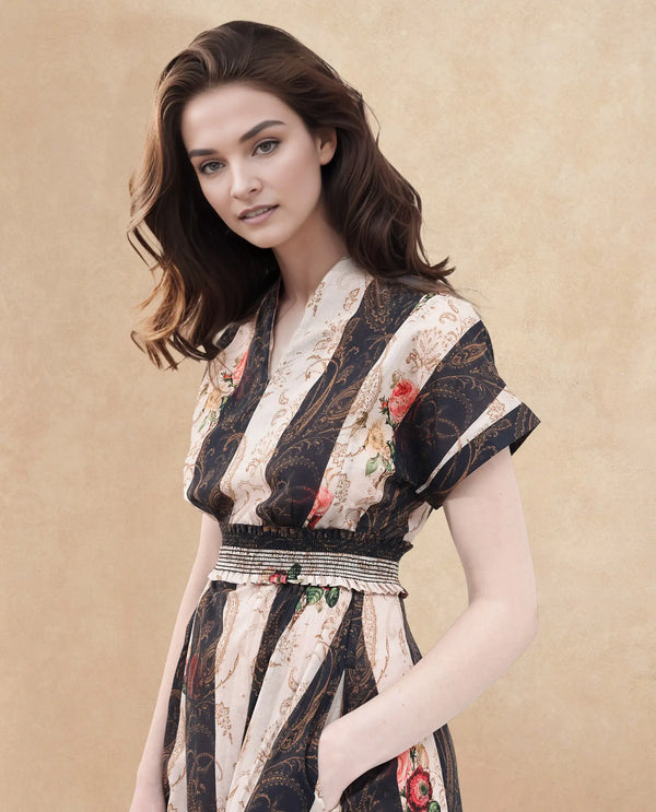 Rareism Women Frost Olive Cotton Fabric Short Sleeve Collared Neck Floral Print Longline Dress