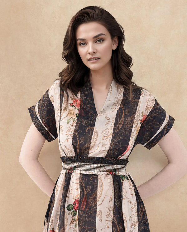 Rareism Women Frost Olive Cotton Fabric Short Sleeve Collared Neck Floral Print Longline Dress