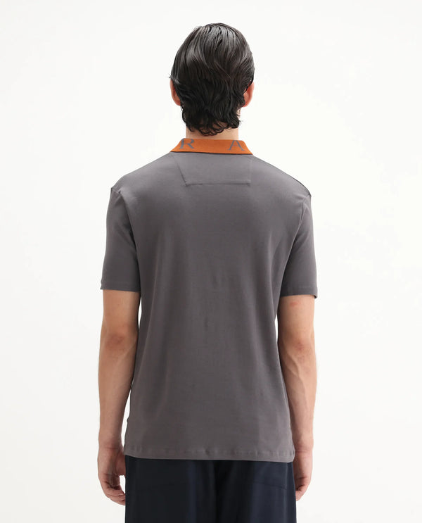 Rare Rabbit Men Frow Grey Cotton Fabric Short Sleeve Contrast Collar with Embroidered Details Button Closure Polo