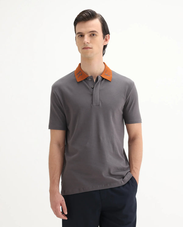 Rare Rabbit Men Frow Grey Cotton Fabric Short Sleeve Contrast Collar with Embroidered Details Button Closure Polo