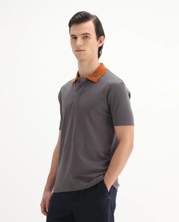 Rare Rabbit Men Frow Grey Cotton Fabric Short Sleeve Contrast Collar with Embroidered Details Button Closure Polo
