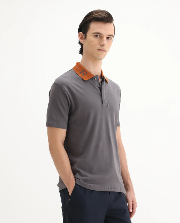 Rare Rabbit Men Frow Grey Cotton Fabric Short Sleeve Contrast Collar with Embroidered Details Button Closure Polo