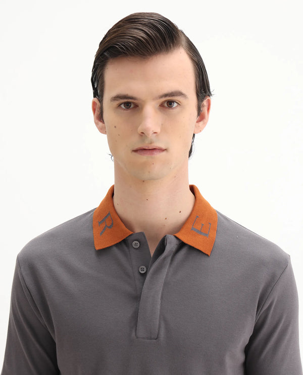 Rare Rabbit Men Frow Grey Cotton Fabric Short Sleeve Contrast Collar with Embroidered Details Button Closure Polo