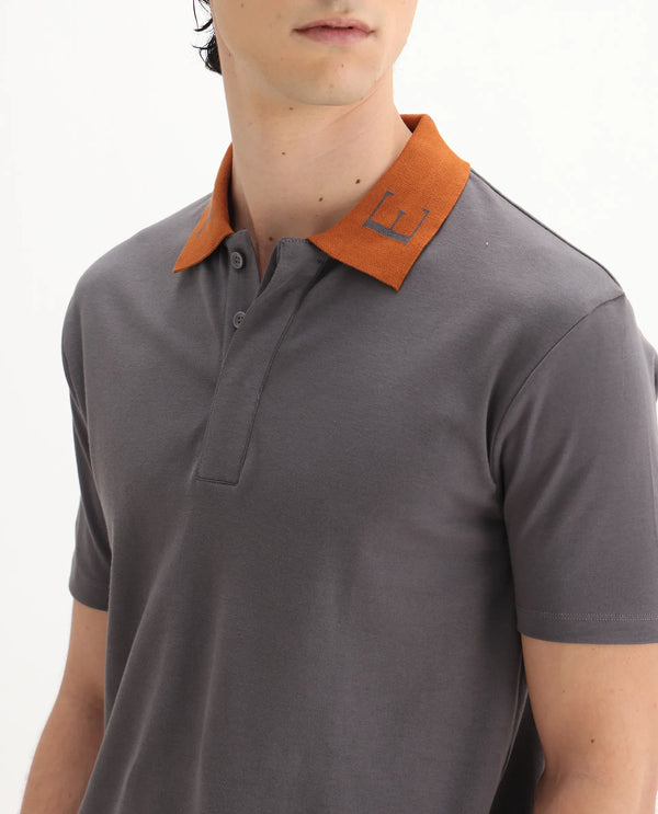 Rare Rabbit Men Frow Grey Cotton Fabric Short Sleeve Contrast Collar with Embroidered Details Button Closure Polo
