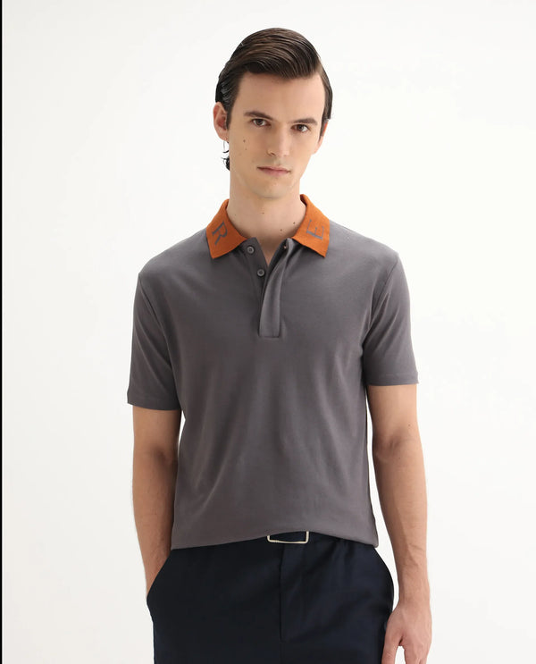 Rare Rabbit Men Frow Grey Cotton Fabric Short Sleeve Contrast Collar with Embroidered Details Button Closure Polo