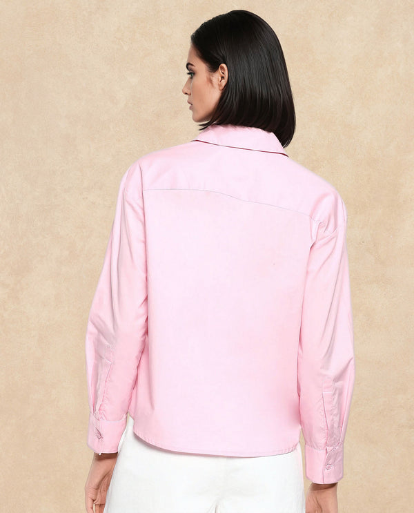 Rareism Women Fuhu Pink 60'S Poplin Fabric Cuffed Sleeve Collared Neck Button Closure Plain Shirt