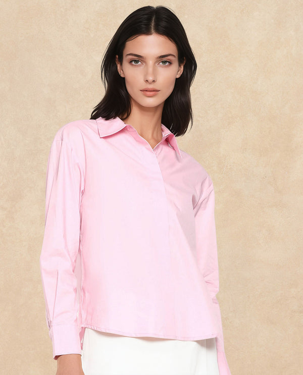 Rareism Women Fuhu Pink 60'S Poplin Fabric Cuffed Sleeve Collared Neck Button Closure Plain Shirt