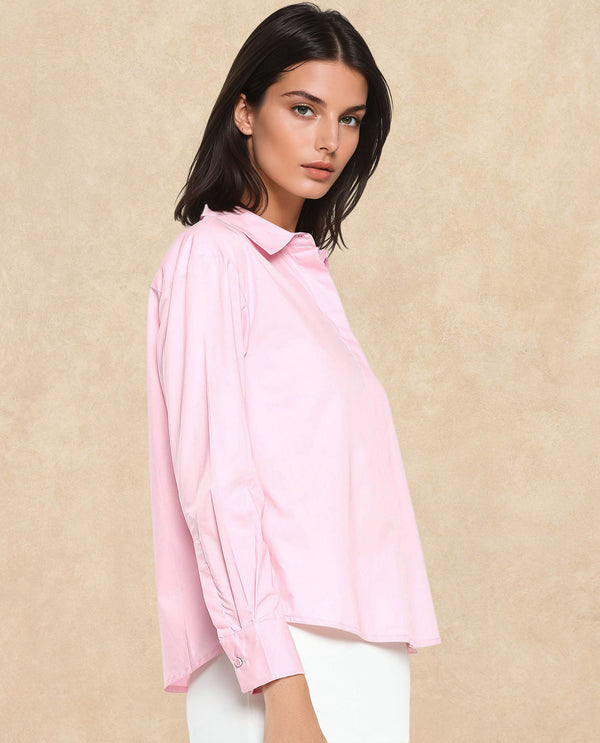 Rareism Women Fuhu Pink 60'S Poplin Fabric Cuffed Sleeve Collared Neck Button Closure Plain Shirt