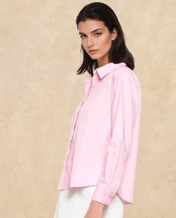 Rareism Women Fuhu Pink 60'S Poplin Fabric Cuffed Sleeve Collared Neck Button Closure Plain Shirt