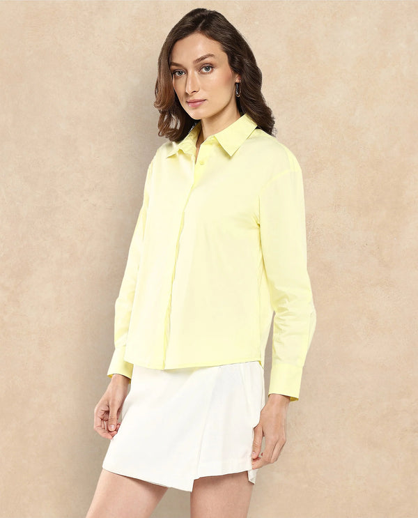 Rareism Women Fuhu Yellow Poplin Fabric Cuffed Sleeve Collared Neck Button Closure Plain Shirt