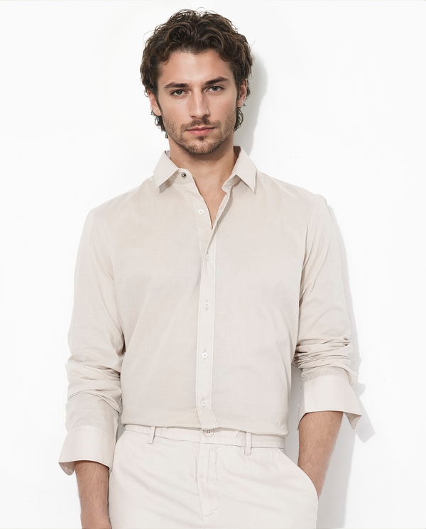 Rare Rabbit Men's Fullsleen Beige Cotton Fabric Full Sleeves Collared Neck Regular Fit Solid Shirt