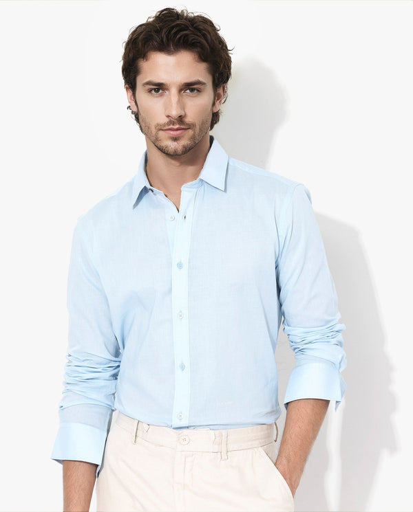 Rare Rabbit Men's Fullsleen Pastel Blue Cotton Fabric Full Sleeves Collared Neck Regular Fit Solid Shirt