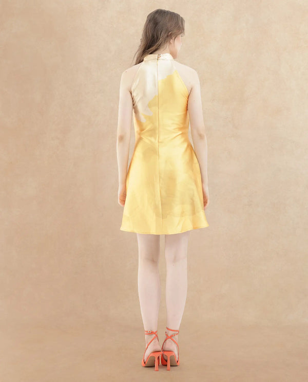 Rareism Women Fumero Yellow Polyester Fabric Zip Closure Halter Neck Sleeveless Straight Fit Floral Print Mini Dress