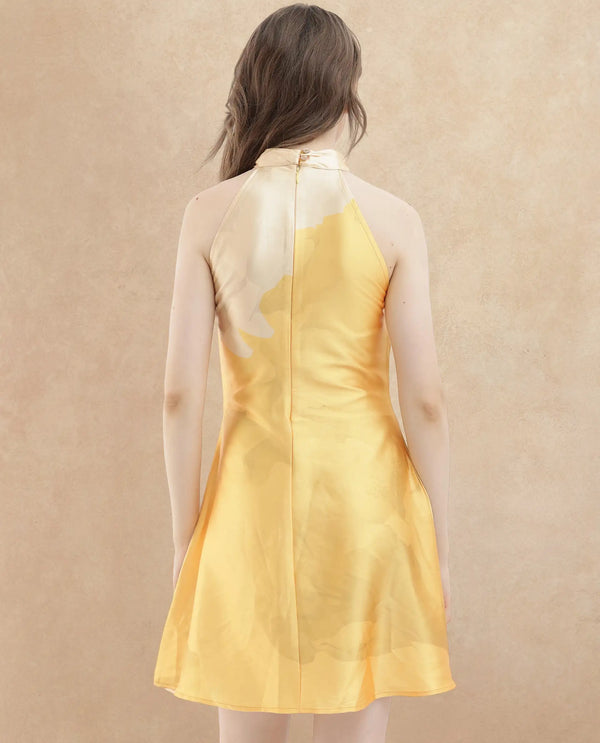 Rareism Women Fumero Yellow Polyester Fabric Zip Closure Halter Neck Sleeveless Straight Fit Floral Print Mini Dress