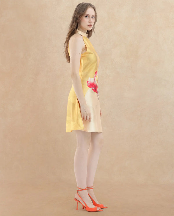 Rareism Women Fumero Yellow Polyester Fabric Zip Closure Halter Neck Sleeveless Straight Fit Floral Print Mini Dress