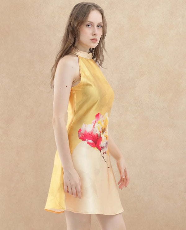 Rareism Women Fumero Yellow Polyester Fabric Zip Closure Halter Neck Sleeveless Straight Fit Floral Print Mini Dress