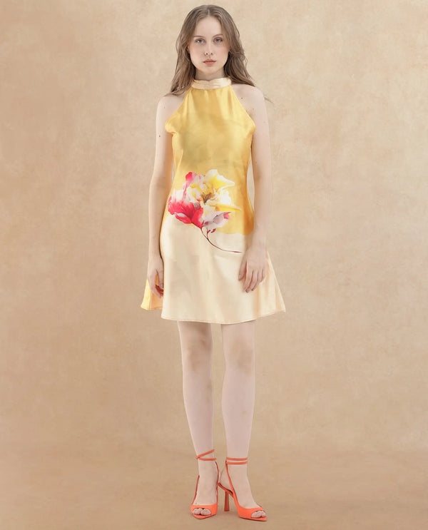 Rareism Women Fumero Yellow Polyester Fabric Zip Closure Halter Neck Sleeveless Straight Fit Floral Print Mini Dress
