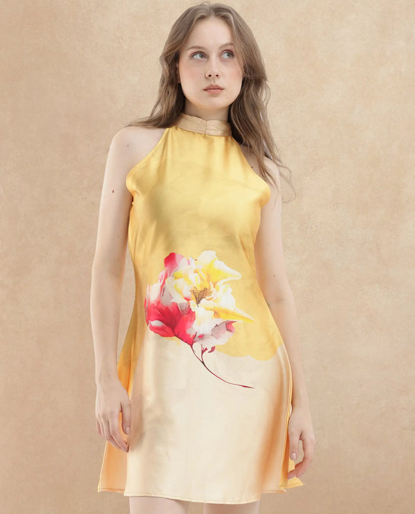 Rareism Women Fumero Yellow Polyester Fabric Zip Closure Halter Neck Sleeveless Straight Fit Floral Print Mini Dress