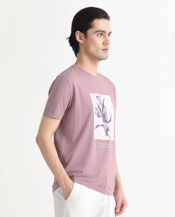 Rare Rabbit Men's Funes Dusky Pink Cotton Lycra Fabric Crew Neck Half Sleeves Regular Fit Floral Graphic Printed T-Shirt