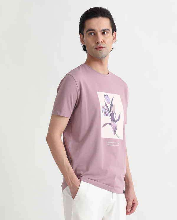 Rare Rabbit Men's Funes Dusky Pink Cotton Lycra Fabric Crew Neck Half Sleeves Regular Fit Floral Graphic Printed T-Shirt