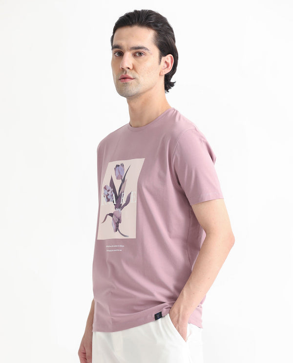 Rare Rabbit Men's Funes Dusky Pink Cotton Lycra Fabric Crew Neck Half Sleeves Regular Fit Floral Graphic Printed T-Shirt