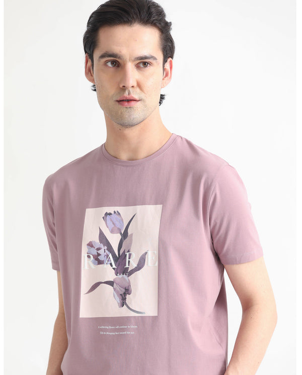 Rare Rabbit Men's Funes Dusky Pink Cotton Lycra Fabric Crew Neck Half Sleeves Regular Fit Floral Graphic Printed T-Shirt