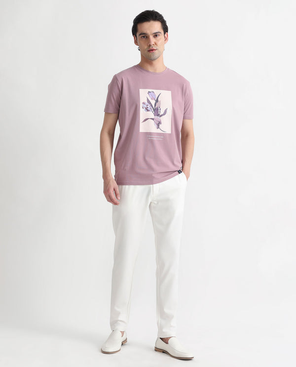 Rare Rabbit Men's Funes Dusky Pink Cotton Lycra Fabric Crew Neck Half Sleeves Regular Fit Floral Graphic Printed T-Shirt