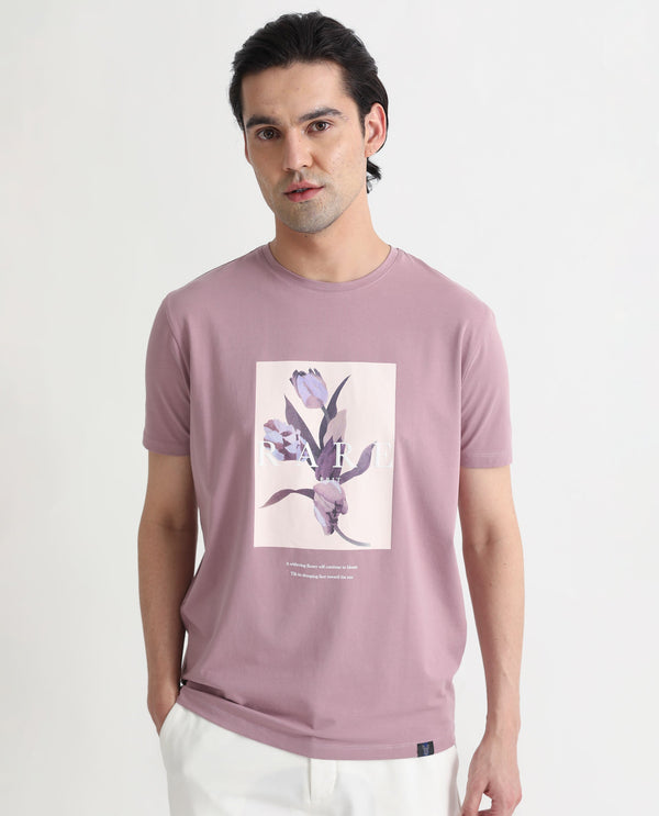 Rare Rabbit Men's Funes Dusky Pink Cotton Lycra Fabric Crew Neck Half Sleeves Regular Fit Floral Graphic Printed T-Shirt