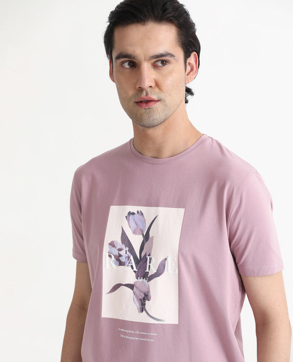 Rare Rabbit Men's Funes Dusky Pink Cotton Lycra Fabric Crew Neck Half Sleeves Regular Fit Floral Graphic Printed T-Shirt