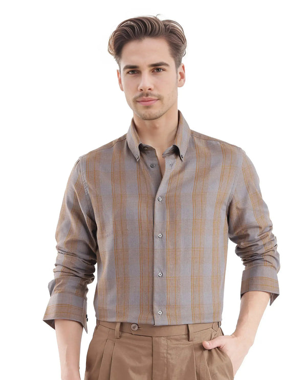 Rare Rabbit Men's Funto Dark Grey Cotton Fabric Full Sleeve Regular Fit Checks Shirt