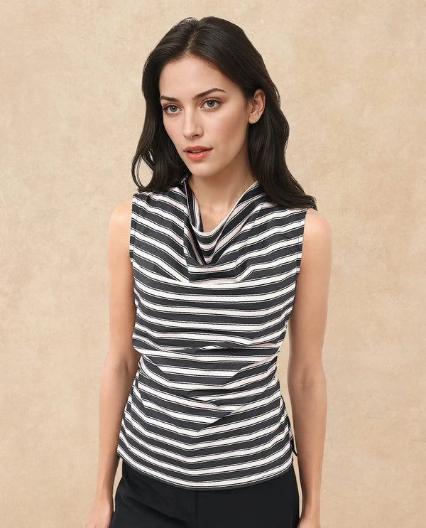 Rareism Women Gaaro Black Sleeveless Cowl Neck Broad Stripes Top
