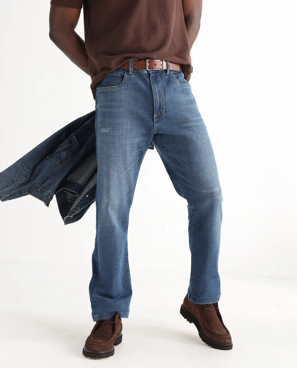 Rare Rabbit Mens Gala Blue Cotton Polyester Solid Regular Fit Jeans