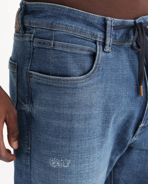 Rare Rabbit Mens Gala Blue Cotton Polyester Solid Regular Fit Jeans