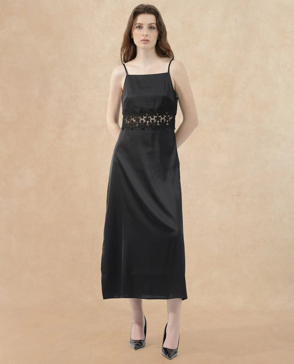 Rareism Women Galcia Black Polyester Fabric Sleeveless Zip Closure Shoulder Straps Regular Fit Plain Maxi A-Line Dress
