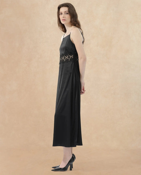 Rareism Women Galcia Black Polyester Fabric Sleeveless Zip Closure Shoulder Straps Regular Fit Plain Maxi A-Line Dress