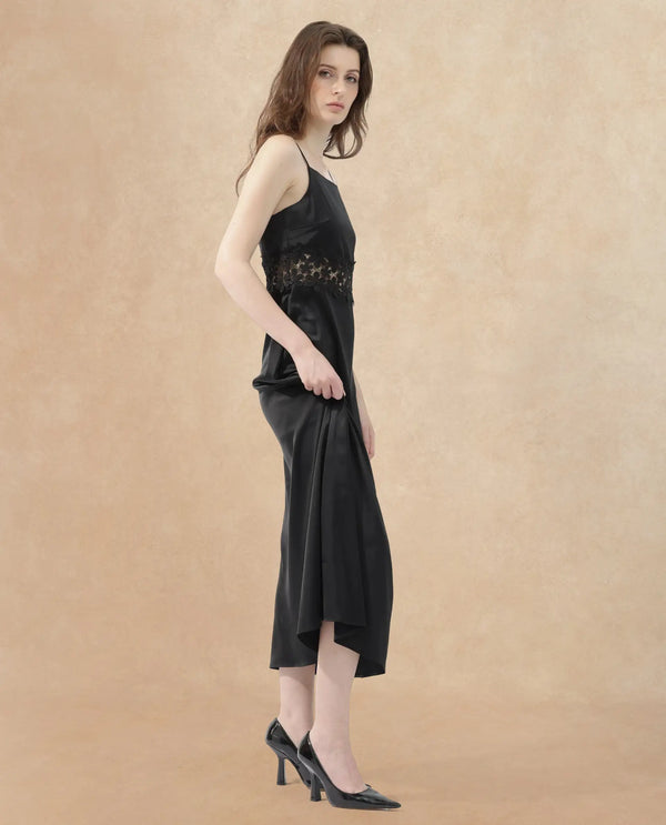 Rareism Women Galcia Black Polyester Fabric Sleeveless Zip Closure Shoulder Straps Regular Fit Plain Maxi A-Line Dress