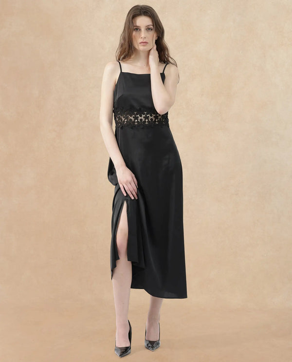 Rareism Women Galcia Black Polyester Fabric Sleeveless Zip Closure Shoulder Straps Regular Fit Plain Maxi A-Line Dress