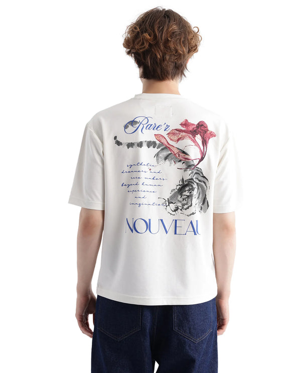 Rare Rabbit Men Galen Off White Cotton Poly Fabric Short Sleeve Boxy Fit Printed T-Shirt