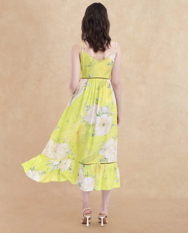 Rareism Women Galina Flouroscent Green Viscose Fabric Noodle Strap Floral Print Maxi Longline Dress